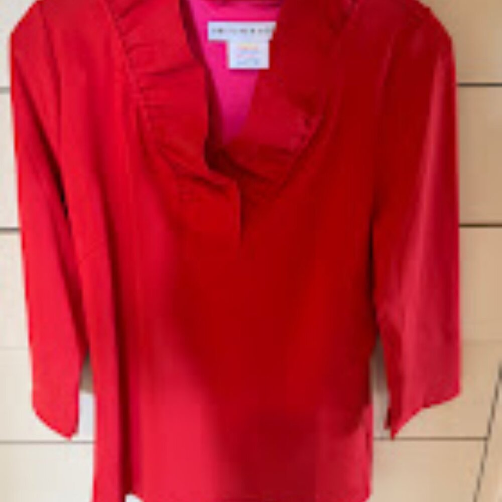 Gretchen Scott Designs Red Ruffle V-Neck 3/4 Sleeve Top